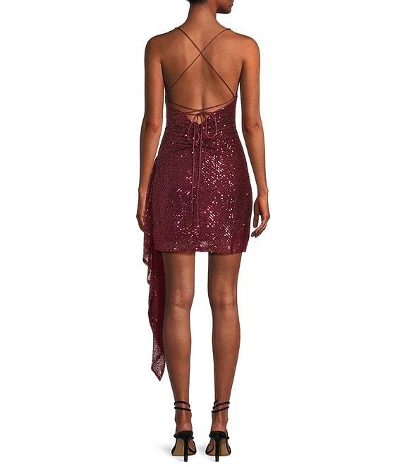 GB Social Ruched Sequin Asymmetrical Hem Tie Back Mini Dress Product Image
