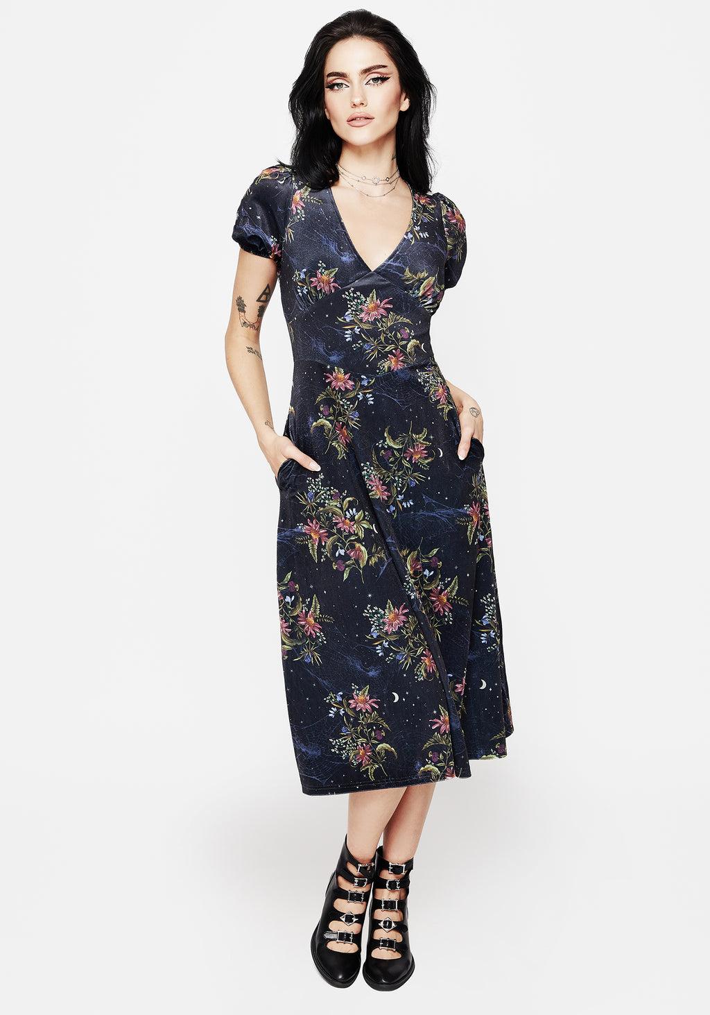 Cleome Floral Spiderweb Velour Corset Midi Dress Product Image