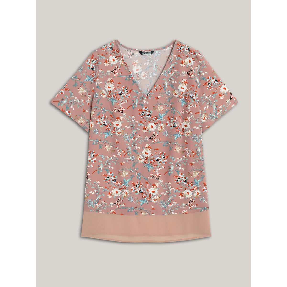 Plus Size DustyPink Garden Print Spliced V-Neck Blouse Women Romantic Short sleeve V-neck Elegant Blouses BloomChic 10/M Product Image