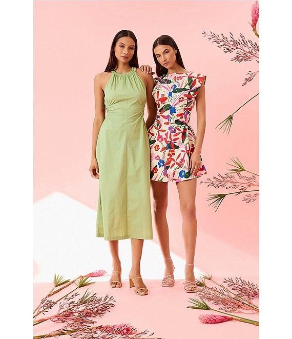 Donna Morgan Boat Neck Extend Shoulder Floral Print Cotton Poplin Mini Dress Product Image