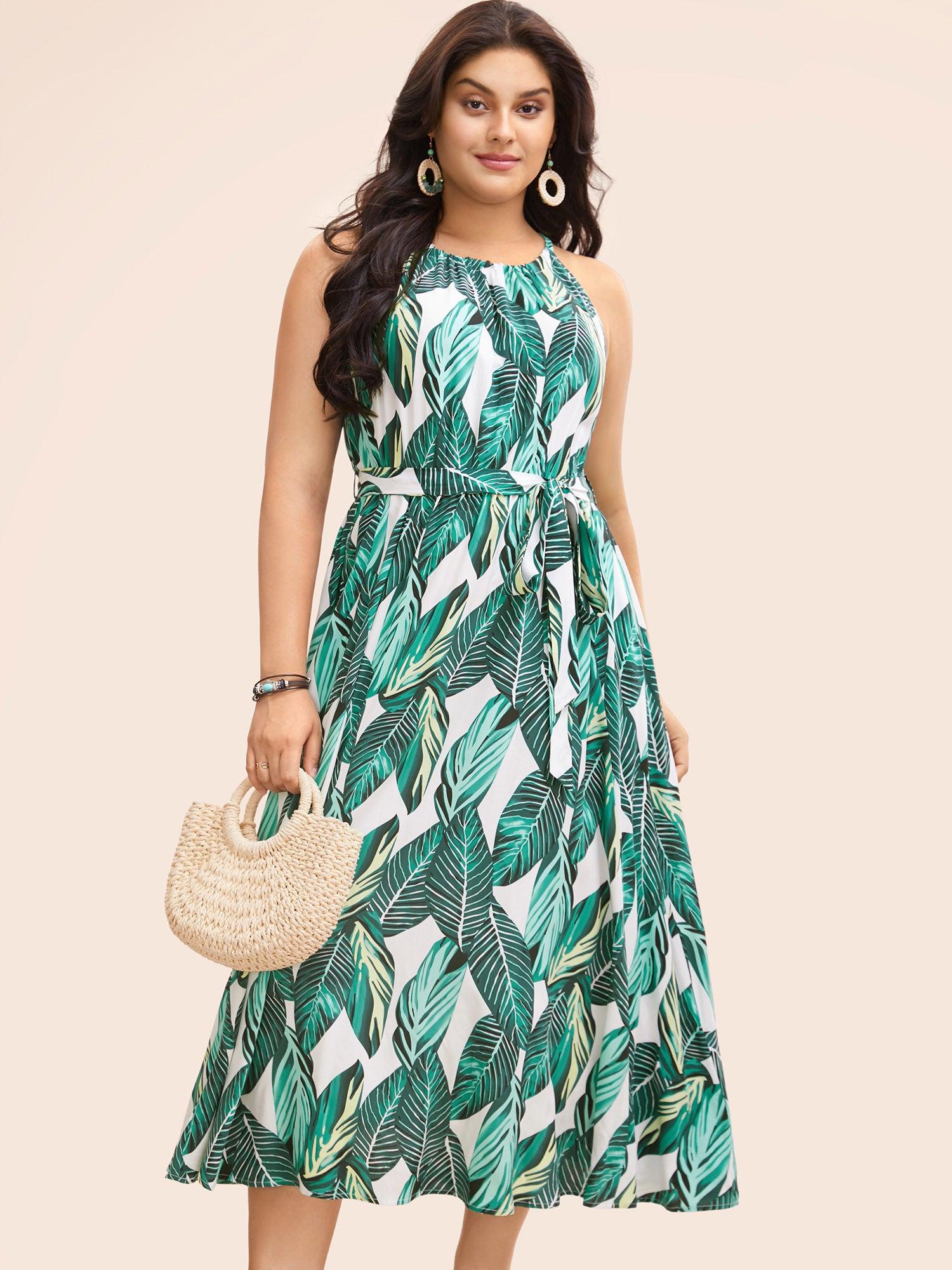 Tropical Print Knotted Pocket Ruffles Belted Halter Dress Female Product Image