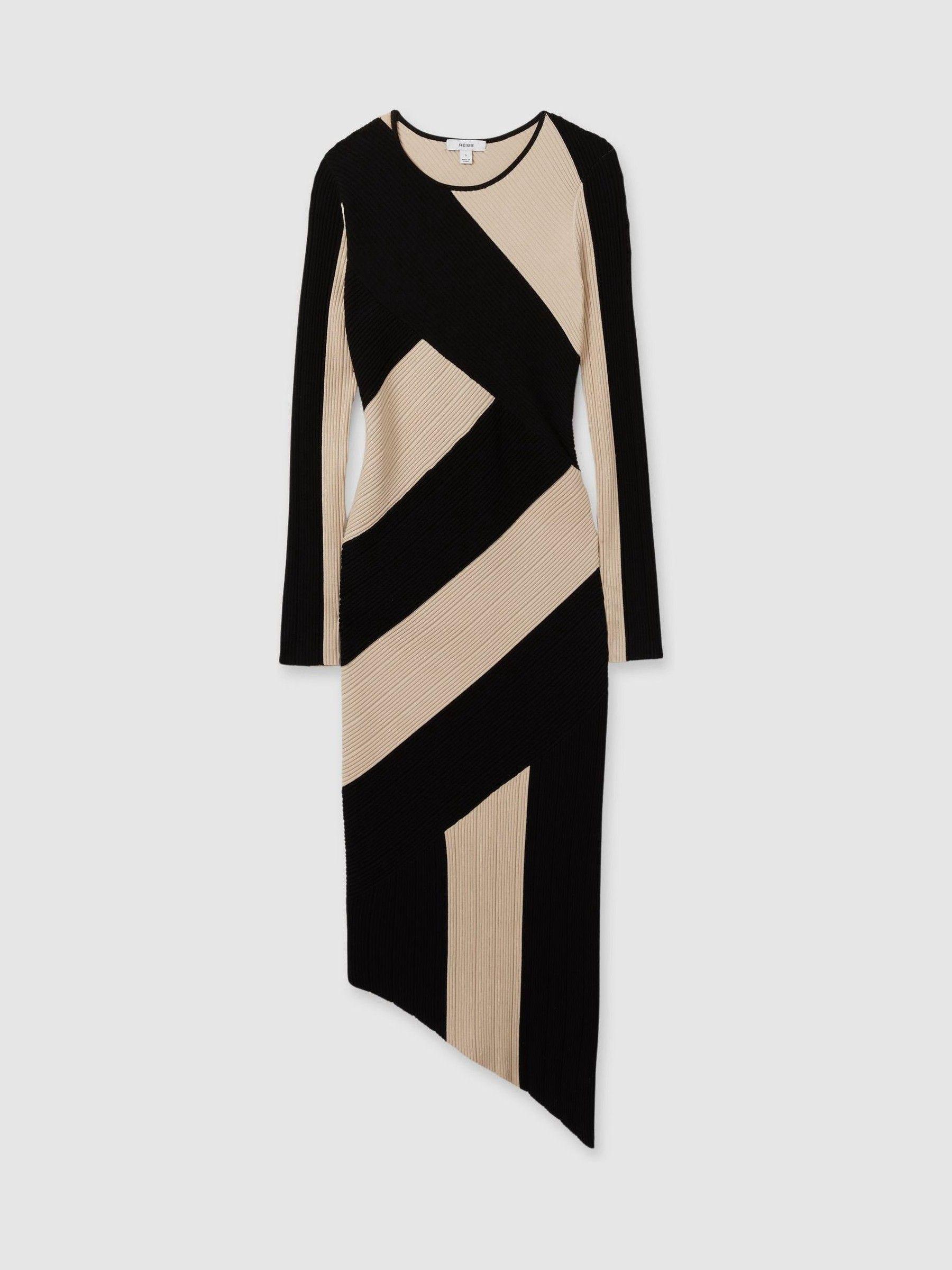 Knitted Colourblock Asymmetric Midi Dress in Black/Camel Product Image