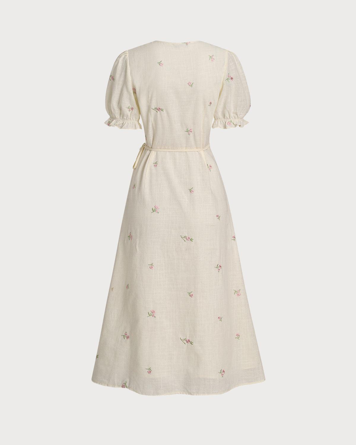 Beige Embroidery Puffed Sleeve Wrap Midi Dress Product Image