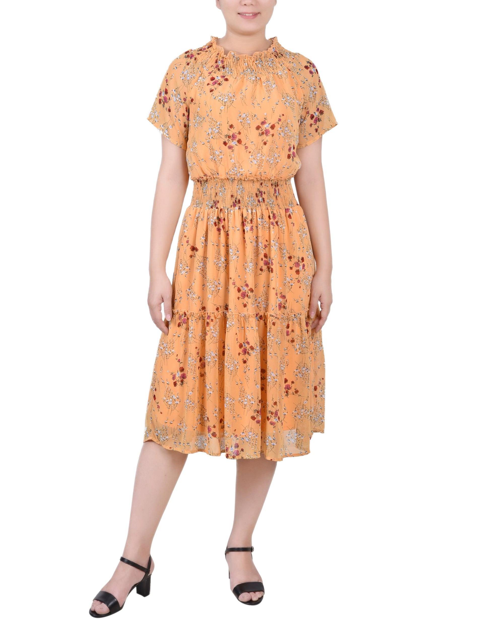 Gold Disty Floral Short Sleeve Smocked Waist Dress Product Image