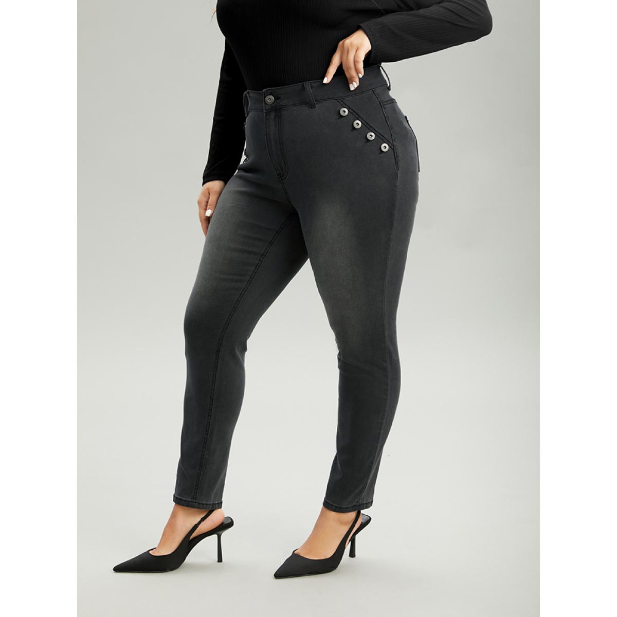 Plus Size Black Wash Button Detail Skinny Jeans Women DimGray Casual Plain Plain High stretch Pocket Jeans BloomChic 26/4X Product Image