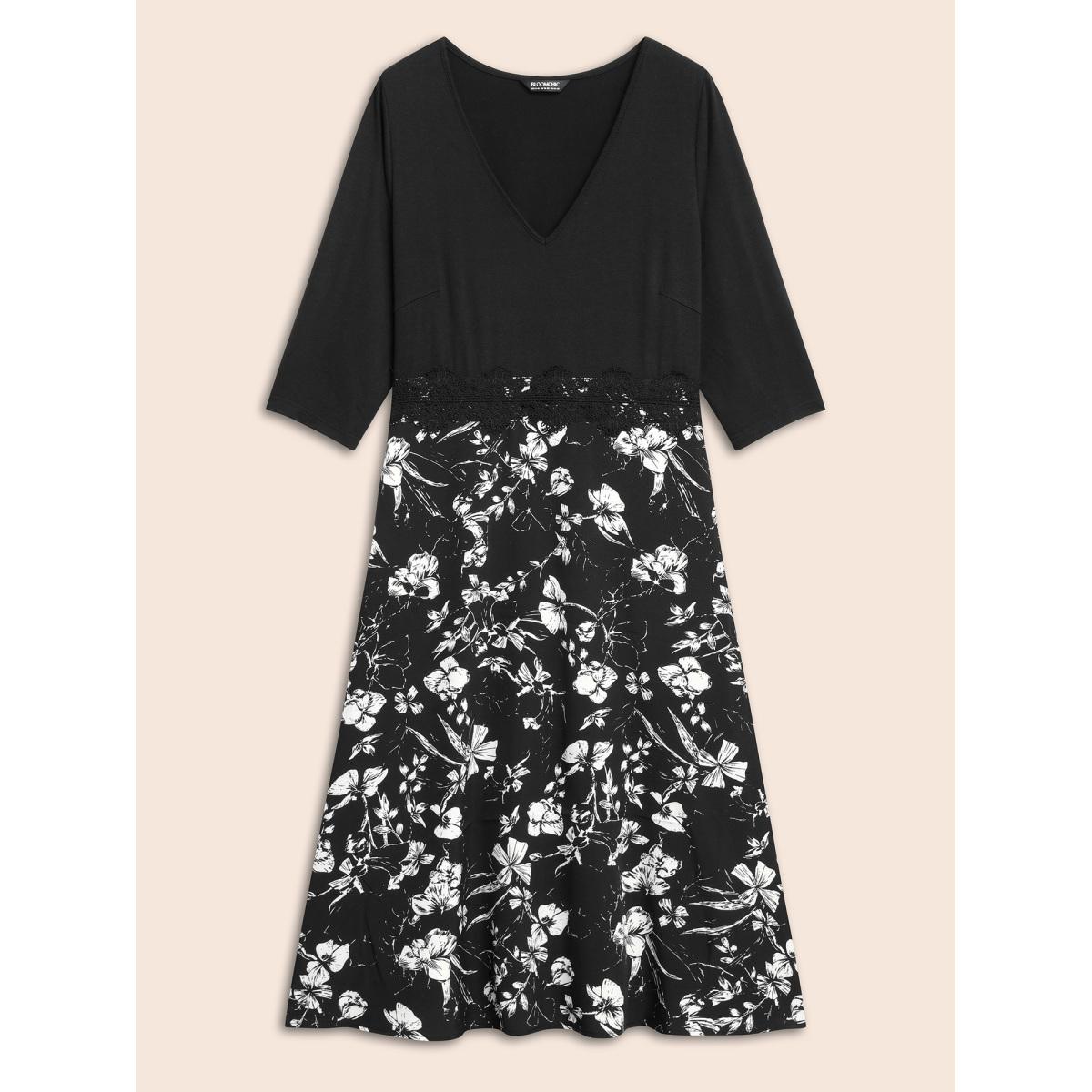 Plus Size Floral Patchwork Lace Trim Midi Dress Black Women Elegant Woven ribbon&lace trim V-neck Elbow-length sleeve Curvy BloomChic 14-16/1X Product Image