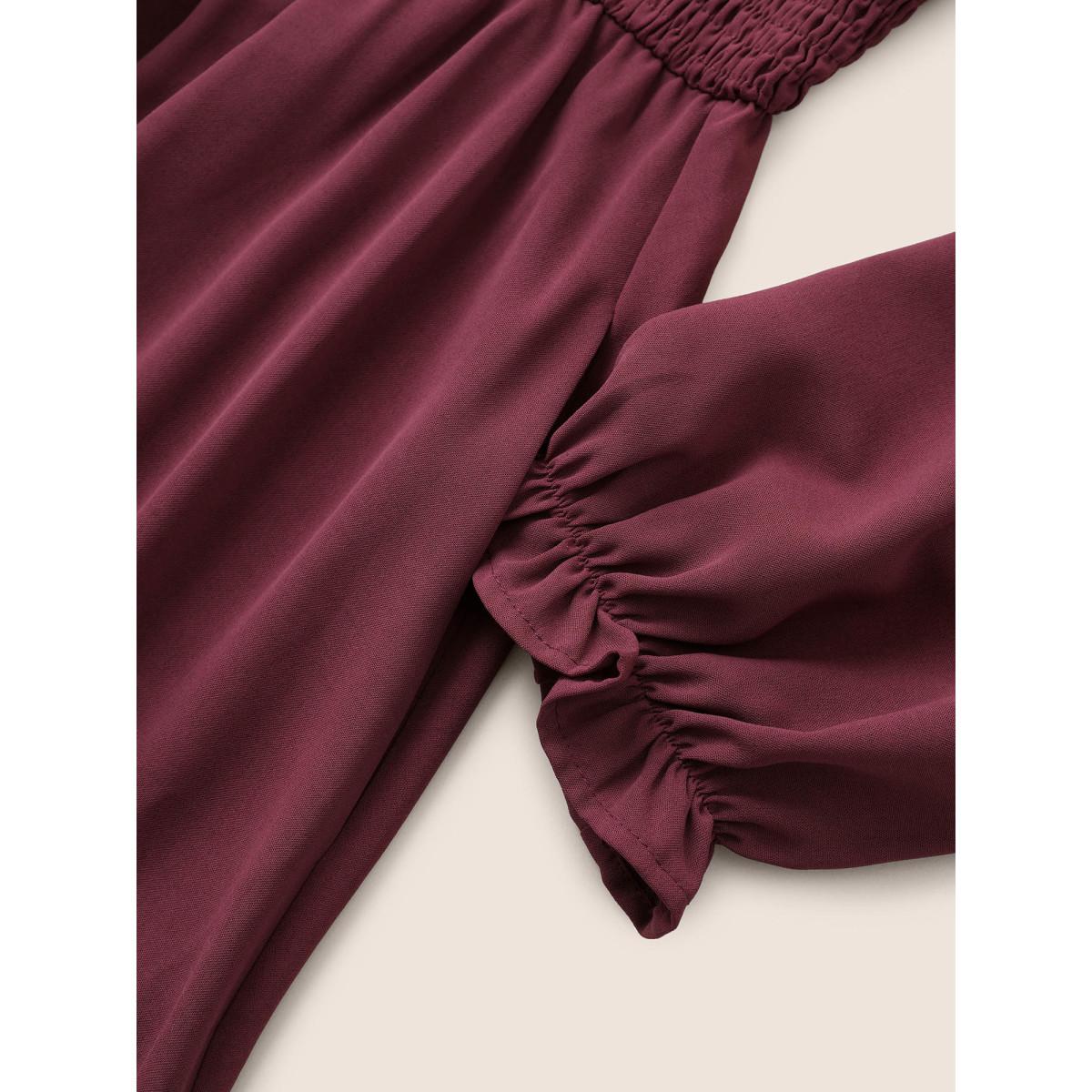 Plus Size Square Neck Shirred Pleated Frill Trim Dress RedViolet Women Elegant Non Square Neck Long Sleeve Curvy Midi Dress BloomChic 14-16/1X Product Image