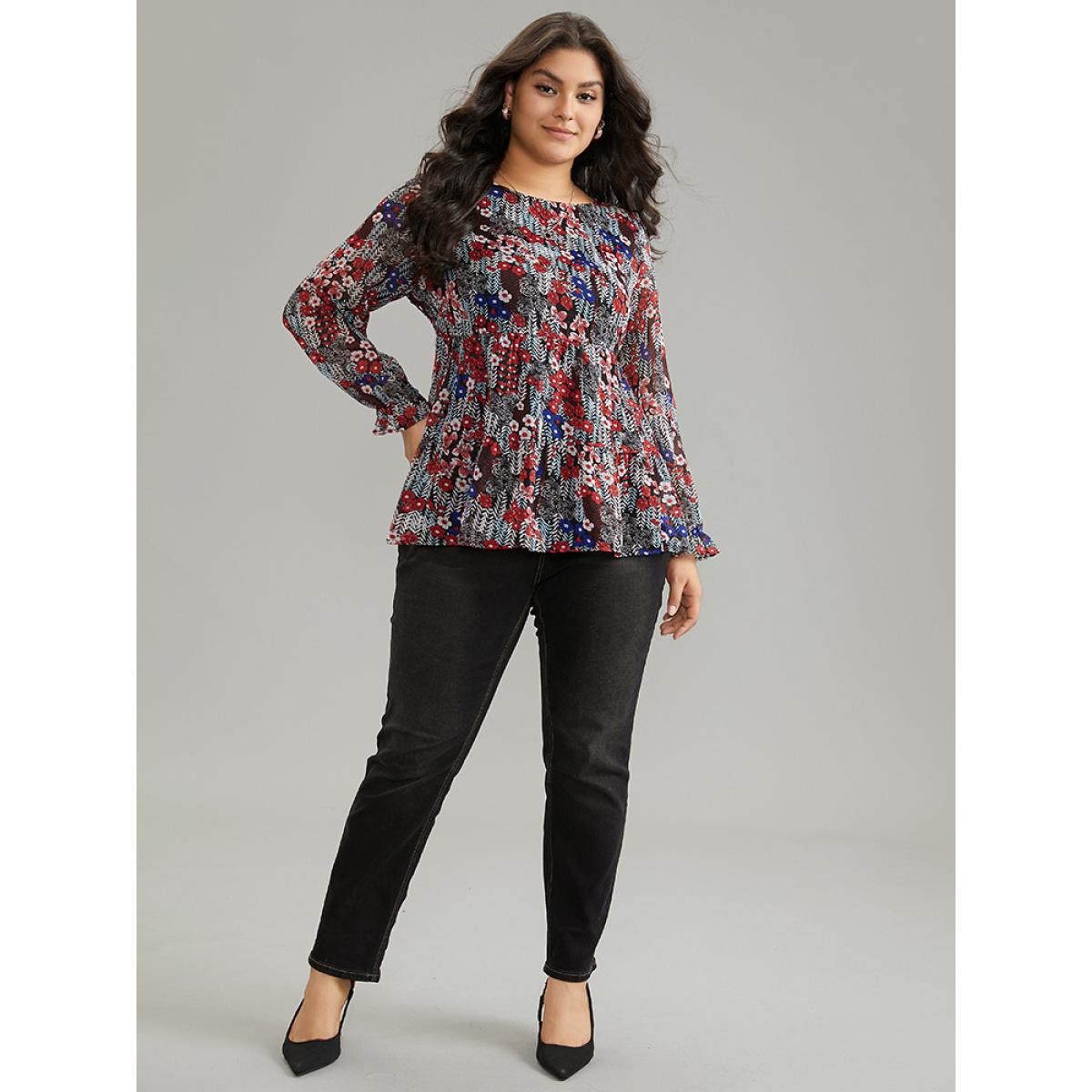 Plus Size Black Floral Ruffles Elastic Waist Lantern Sleeve Chiffon Blouse Women Elegant Long Sleeve Round Neck Everyday Blouses BloomChic 30/6X Product Image