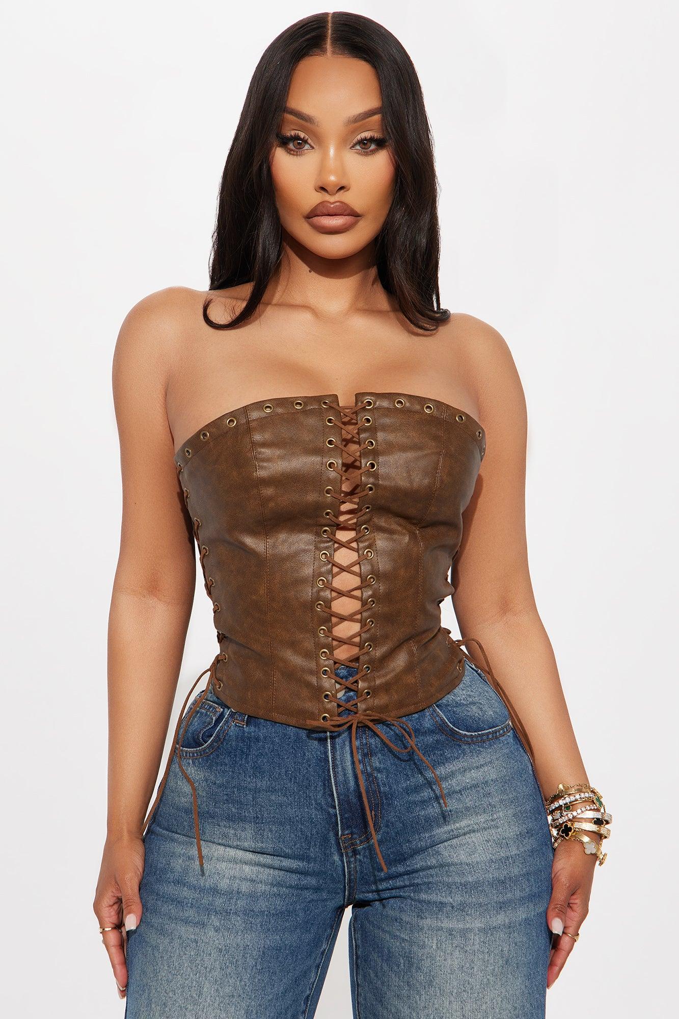 A Piece Of Work Faux Leather Lace Up Top - Brown Product Image
