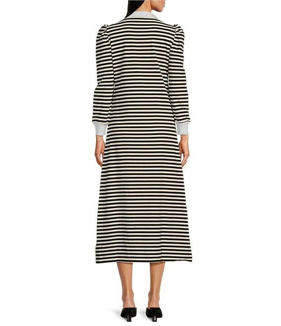 Buru Knit Rugby Stripe Contrast Point Collar Long Sleeve Button Front A-Line Midi Dress Product Image
