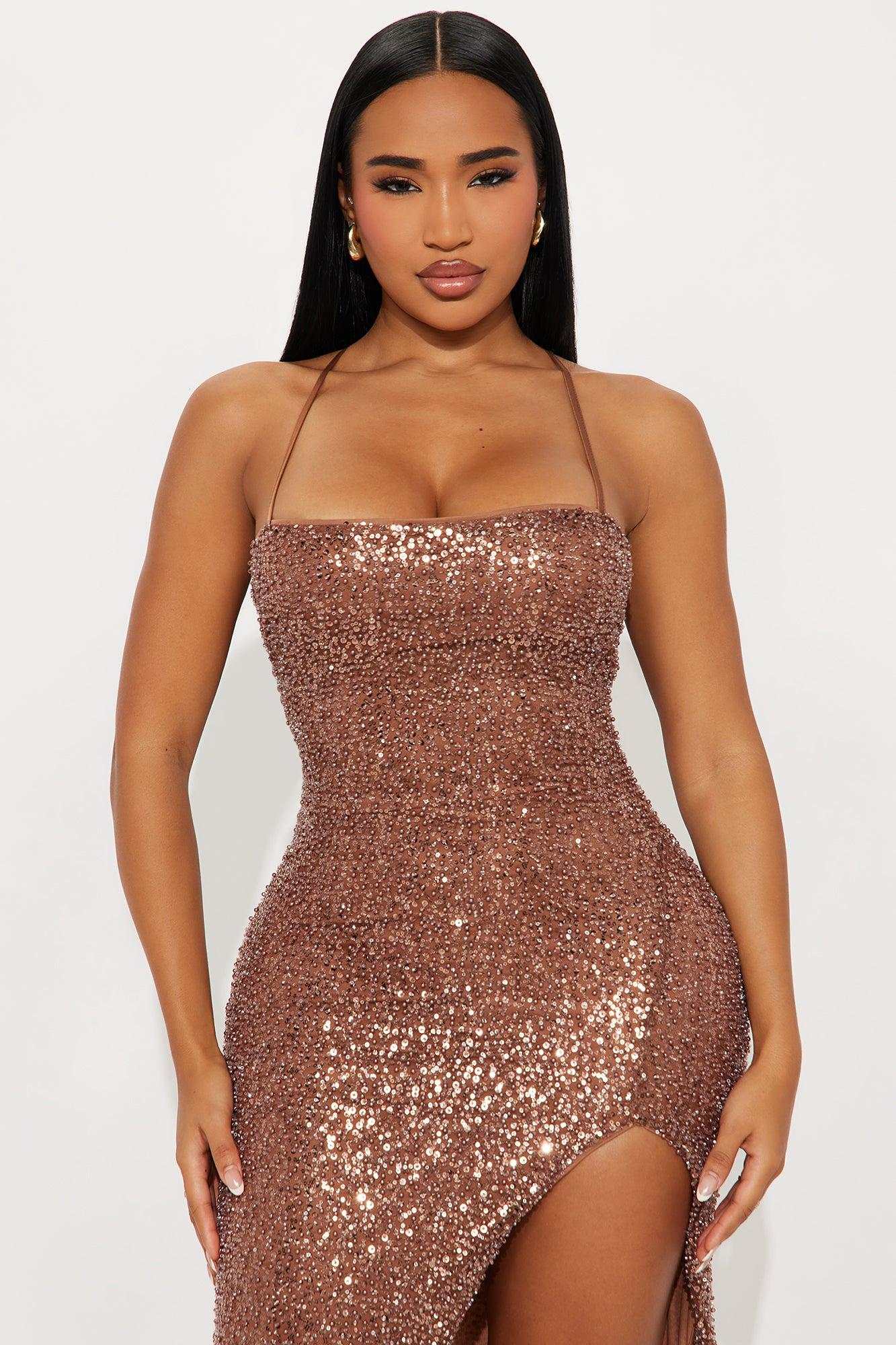 Amira Lace Up Embellished Gown - Brown Female Product Image