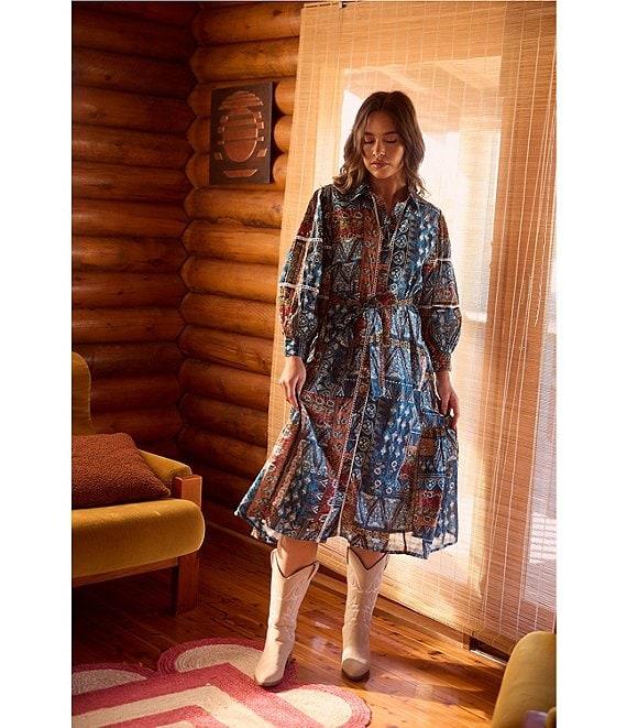Talisman Castella Patchwork Button Down Collar Long Sleeve Belted Blouson Midi Dress Product Image