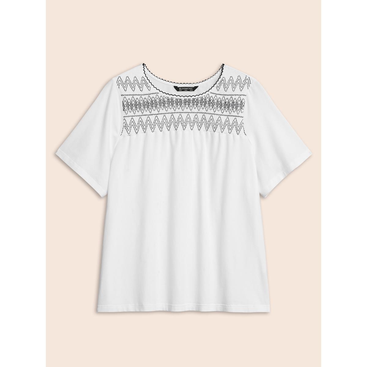 Plus Size Round Neck Embroidered Shirred T-shirt Originalwhite Women Resort Woven ribbon&lace trim Art&design Round Neck Vacation T-shirts BloomChic 12/L Product Image