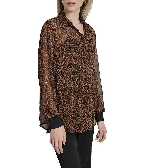 DKNY by Donna Karan Cheetah Print Crinkle Chiffon Long Sleeve Collared Button Front Blouse Product Image