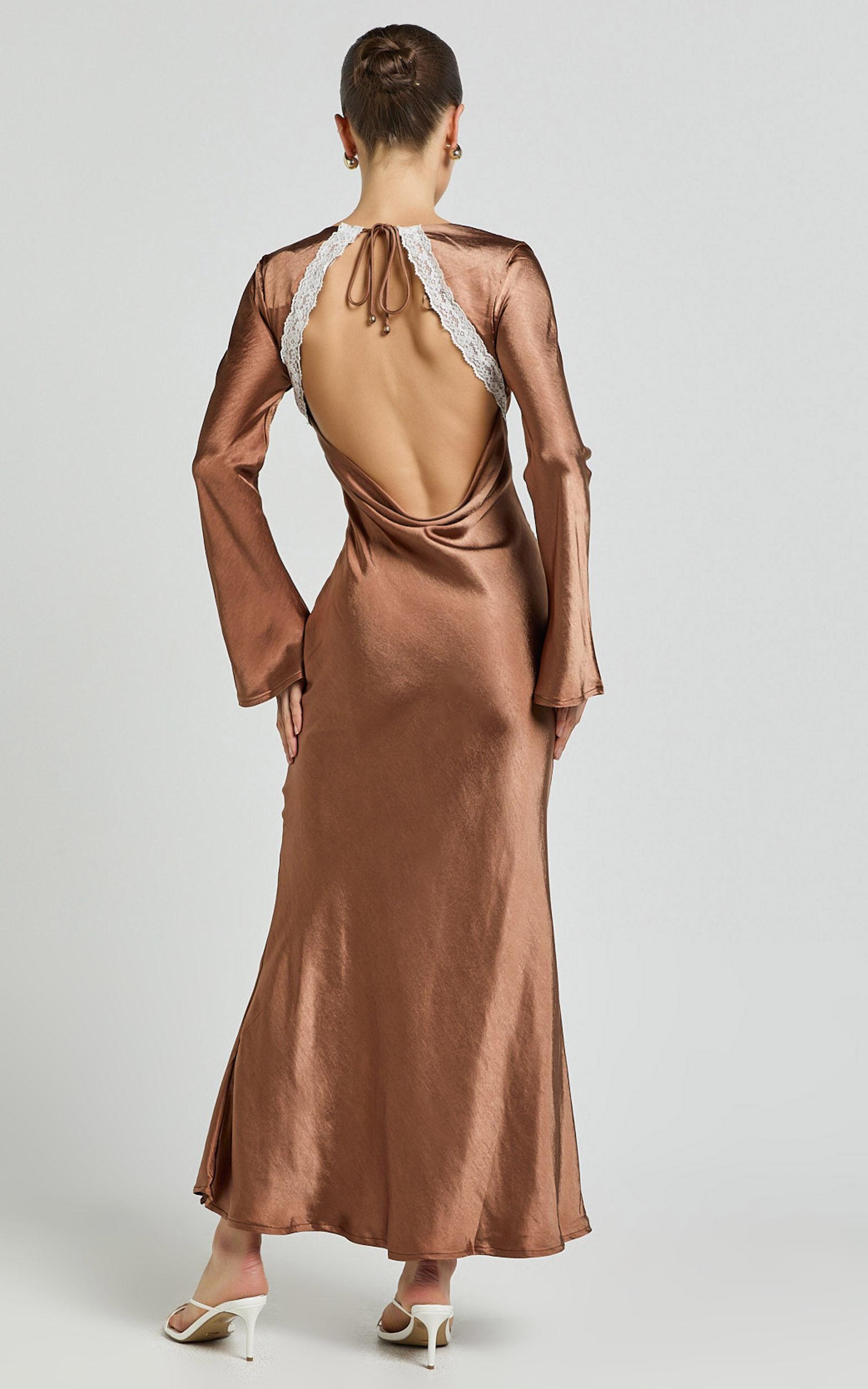Carmela Midi Dress - Long Sleeve V Neck Lace Detail Dress in Chocolate Product Image