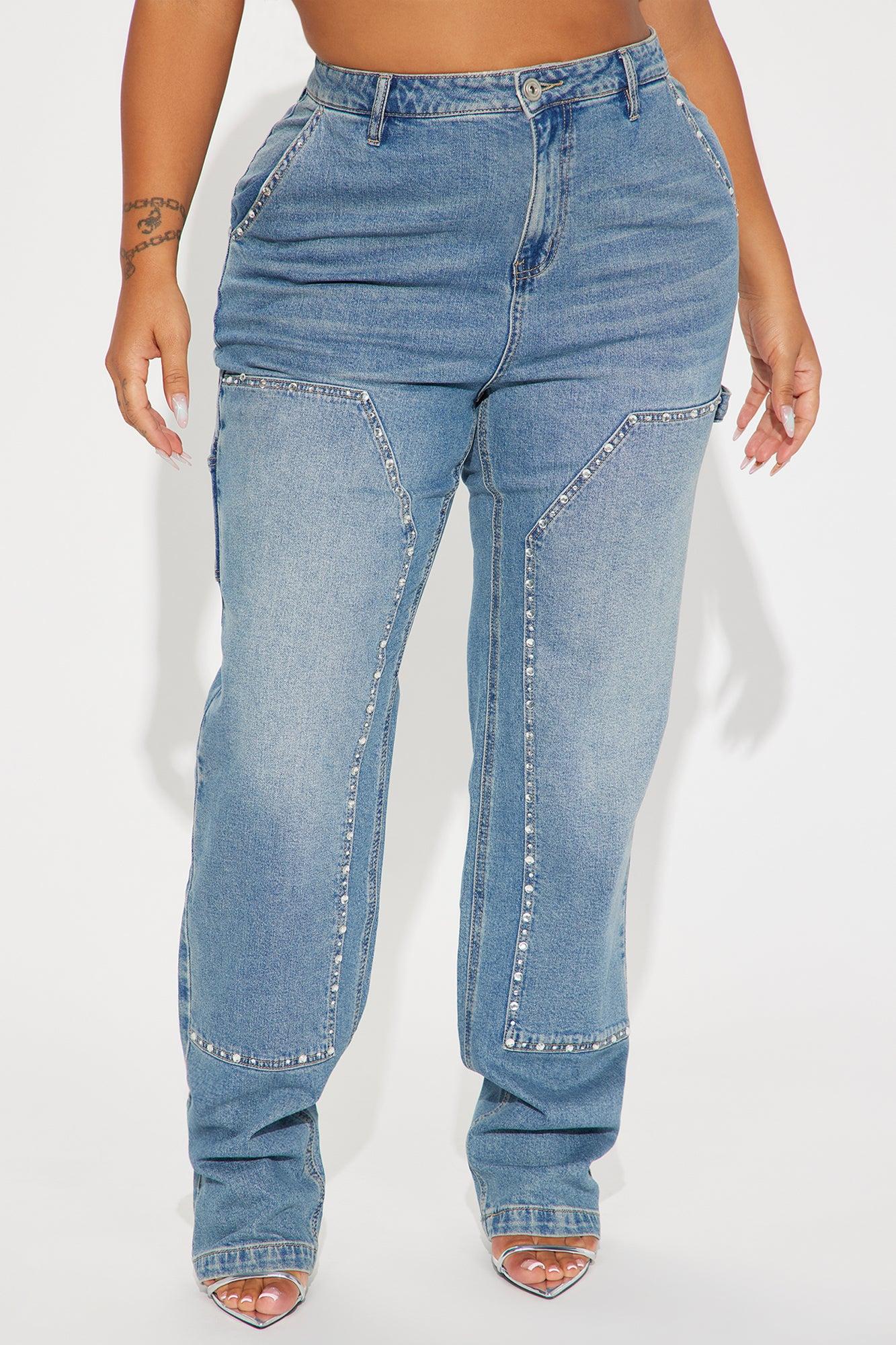 Star Studded Embellished Straight Leg Carpenter Jeans - Medium Wash Product Image