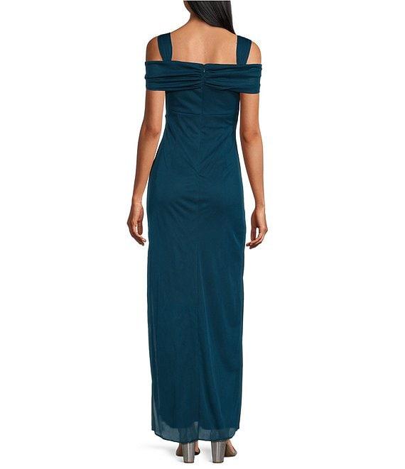 Alex Evenings Exposed Shoulder Draped Neck Cap Sleeve Ruched Waterfall Hem Mesh Gown Product Image