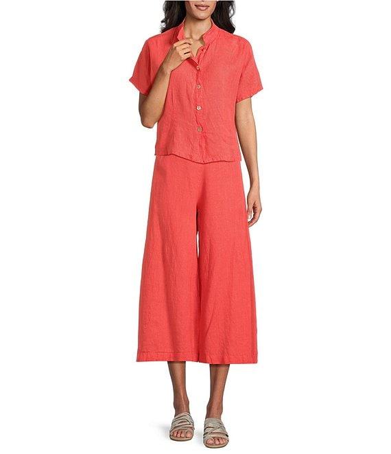 Bryn Walker Light Linen Mandarin Collar Short Sleeve Button Front Shirt Product Image