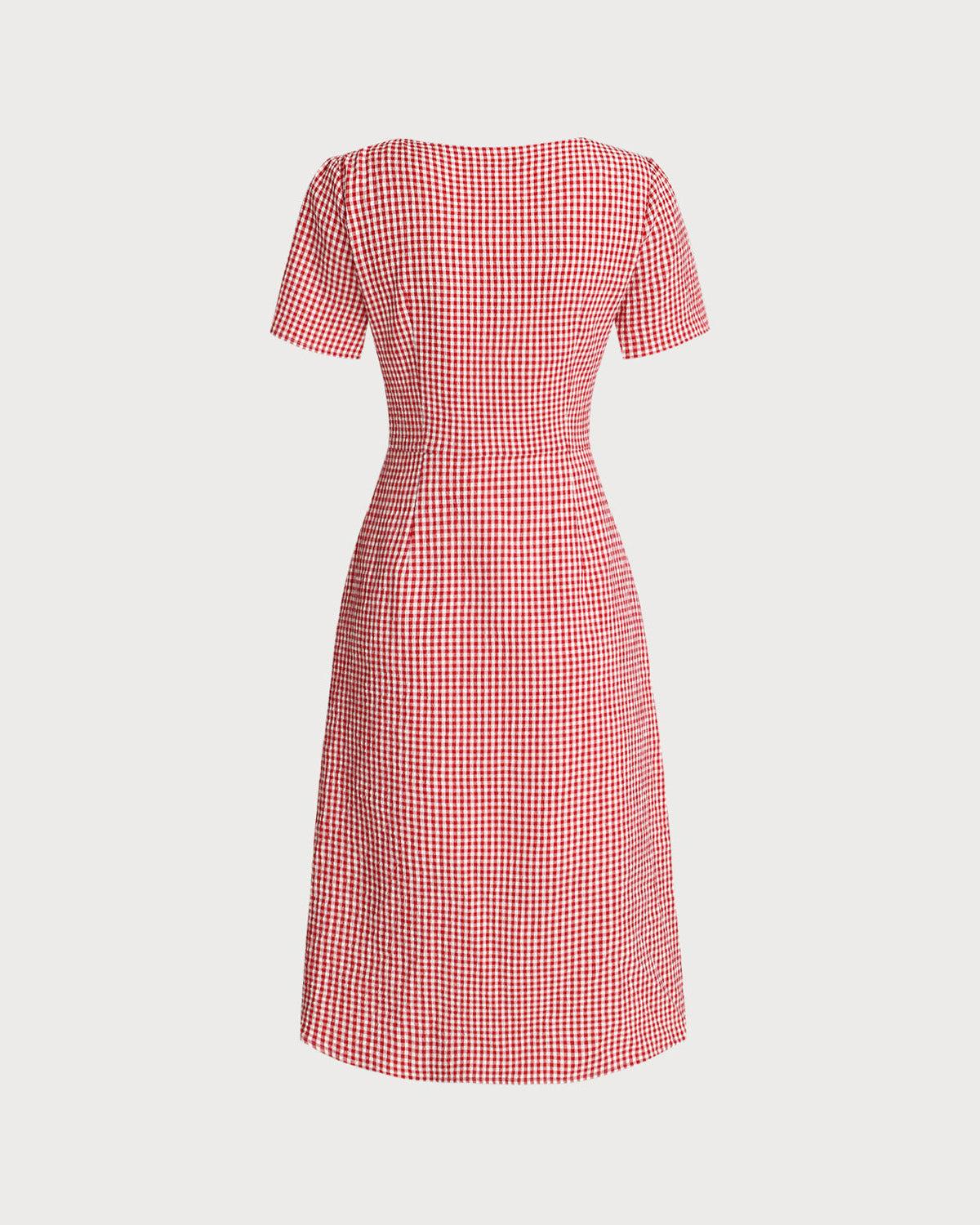 Red Plaid Square Neck Midi Dress Product Image