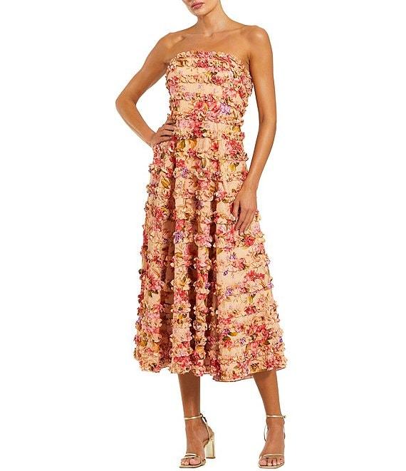 Mac Duggal Ruffle Strapless Floral Midi Dress Product Image