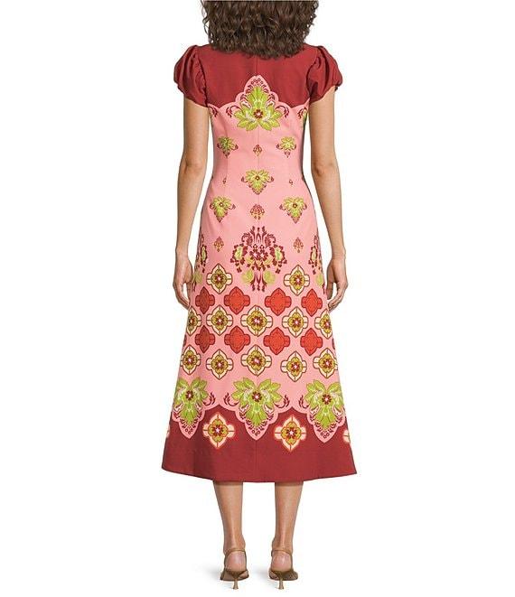 Mestiza New York Perla Flamingo Flourish Crew Neck Short Puff Sleeve Fit-And-Flare Midi Dress Product Image