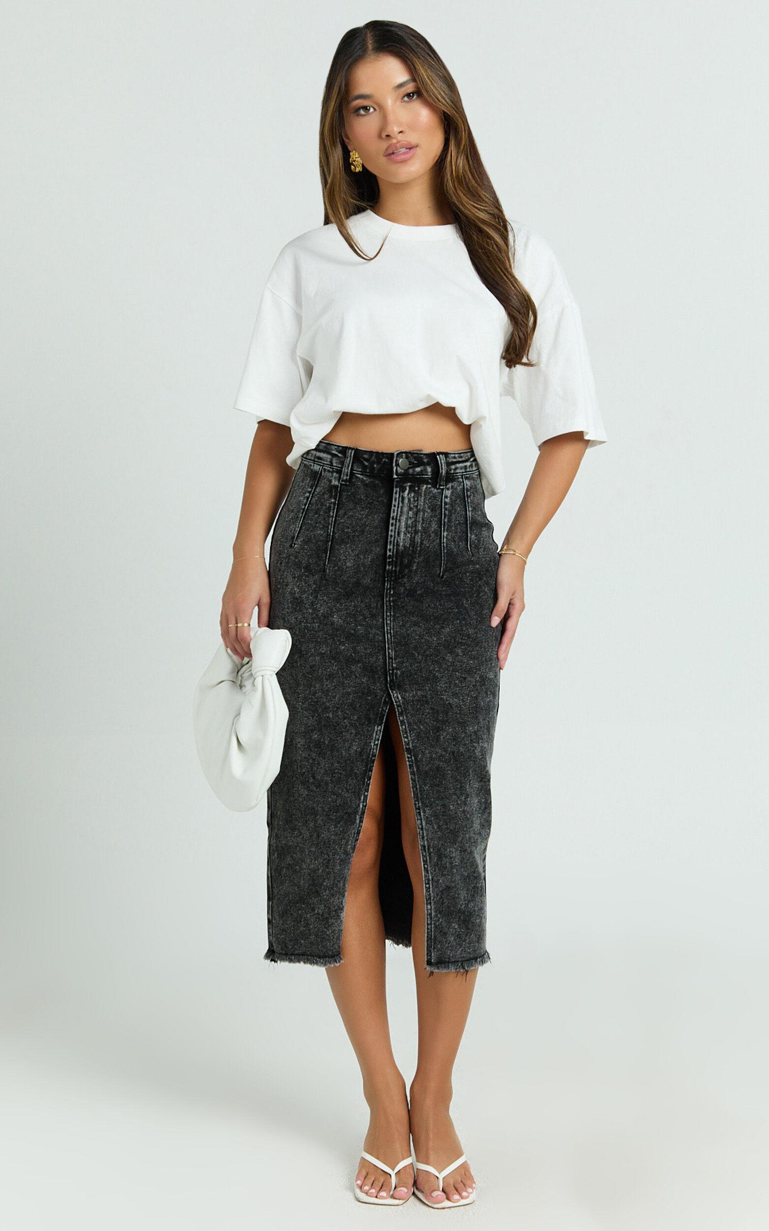 Janeve Midi Skirt - Front Split Denim Skirt in Black Acid Wash Product Image