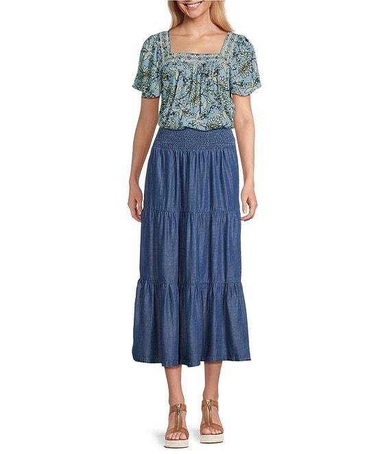 Intro Eloise Tiered A-Line Midi Pull-On Skirt Product Image