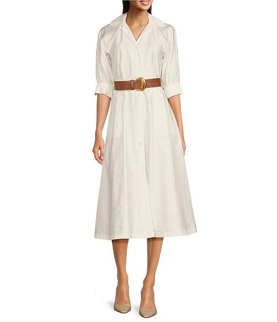 Donna Karan Cotton Sateen Collared Neck Short Sleeve Belted Midi Shirt Dress Product Image