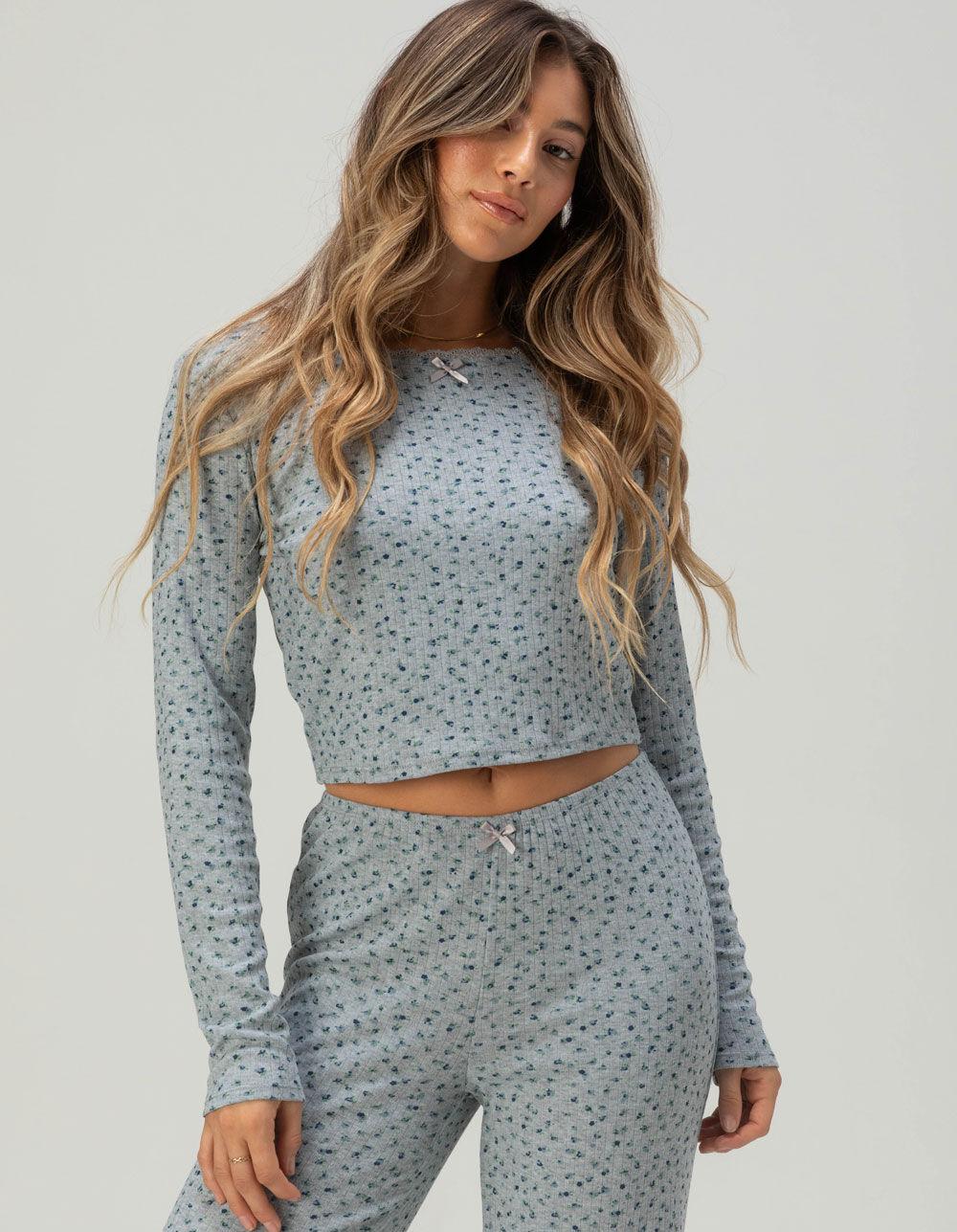 FULL TILT Pointelle Floral Lace Trim Long Sleeve Tee - BLUE COMBO Product Image