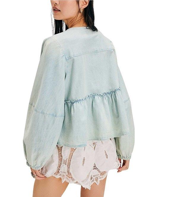 Free People Denim Brunch Babe V Neck Tie Front Long Sleeve Blouse Product Image