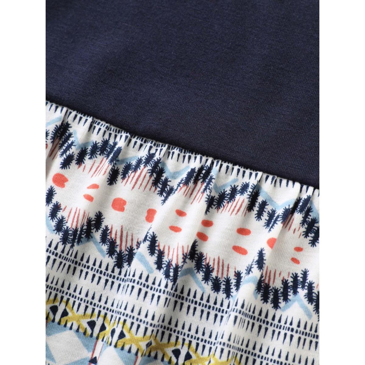 Plus Size Round Neck Bandana Print Patchwork T-shirt Indigo Women Resort Contrast Art&design Round Neck Vacation T-shirts BloomChic 12/L Product Image