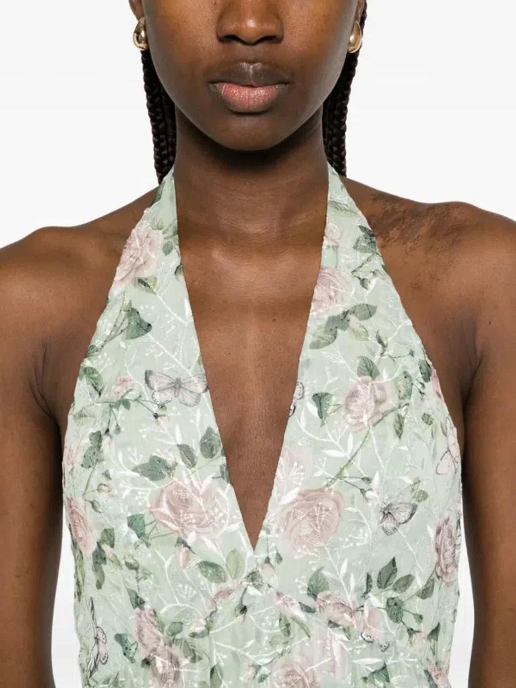 ALICE AND OLIVIA Maura Embroidered Deep V Halter Tiered Maxi Dress In Multi Product Image