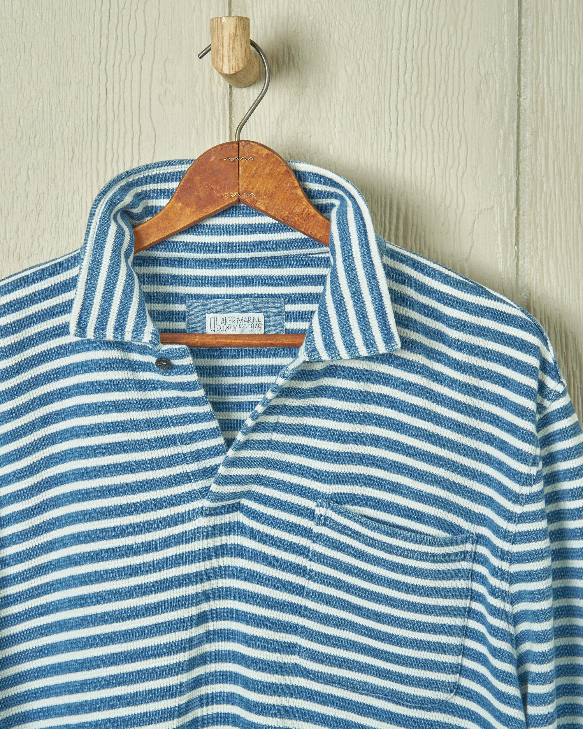 Long Sleeve Indigo Polo in Blue/White Waffle Knit Product Image