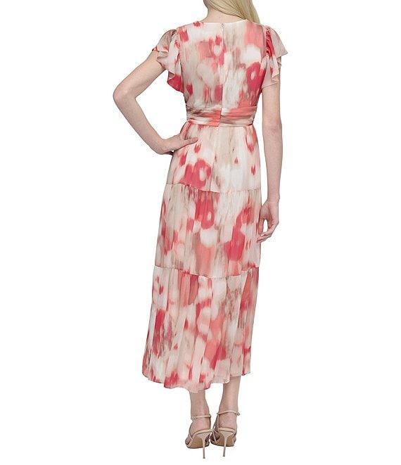 DKNY Donna Karan Petite Size V Neck Flutter Sleeve Tiered A Line Dress Product Image