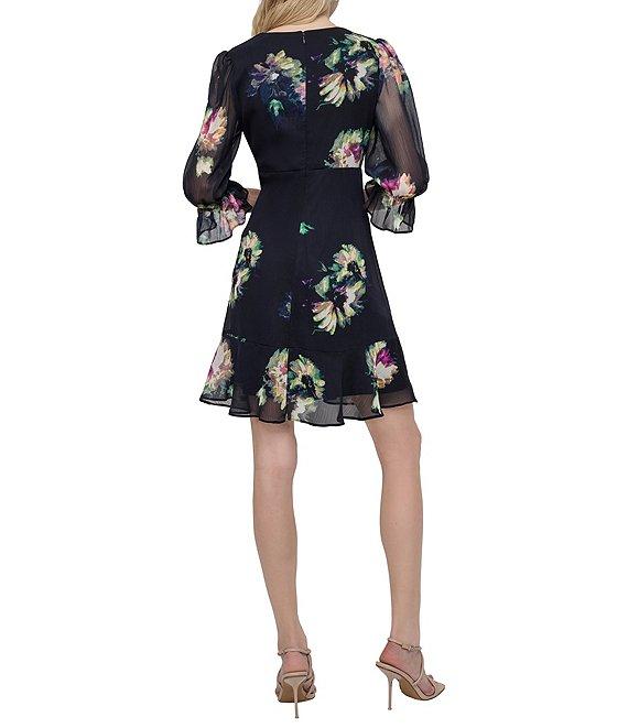 DKNY by Donna Karan 3/4 Sleeve Floral Print Fit and Flare Dress Product Image