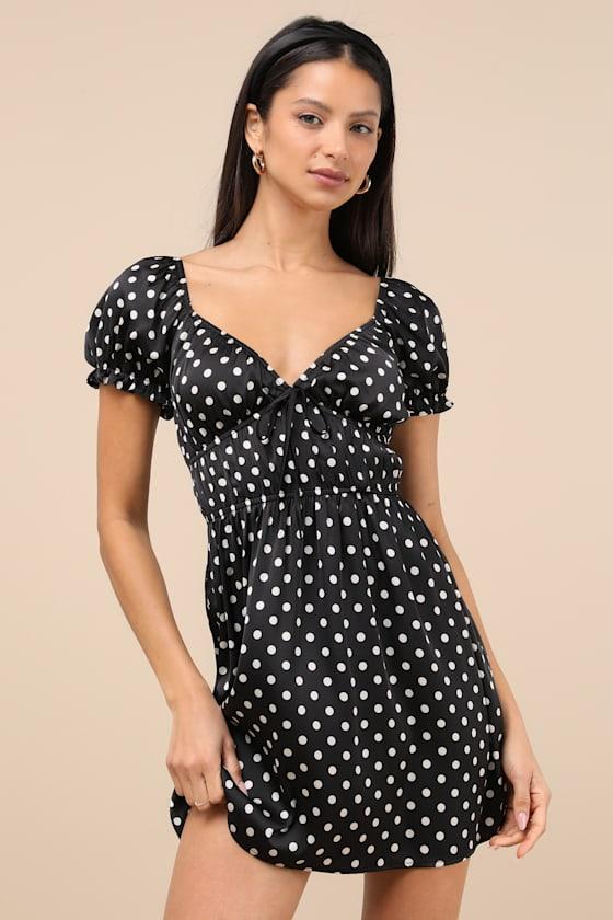 Makara Black Polka Dot Satin Puff Sleeve Mini Dress Product Image