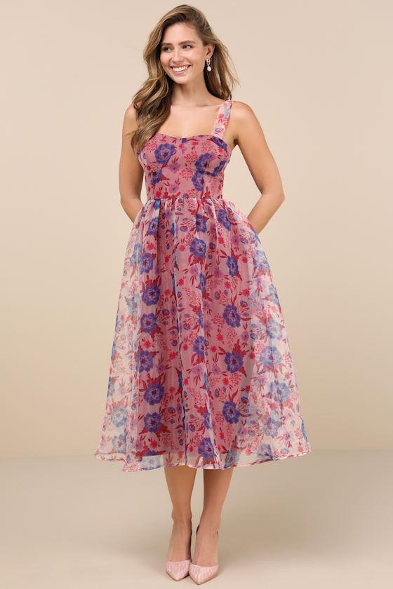 Delightful Look Magenta Floral Print Bustier Midi Skater Dress Product Image
