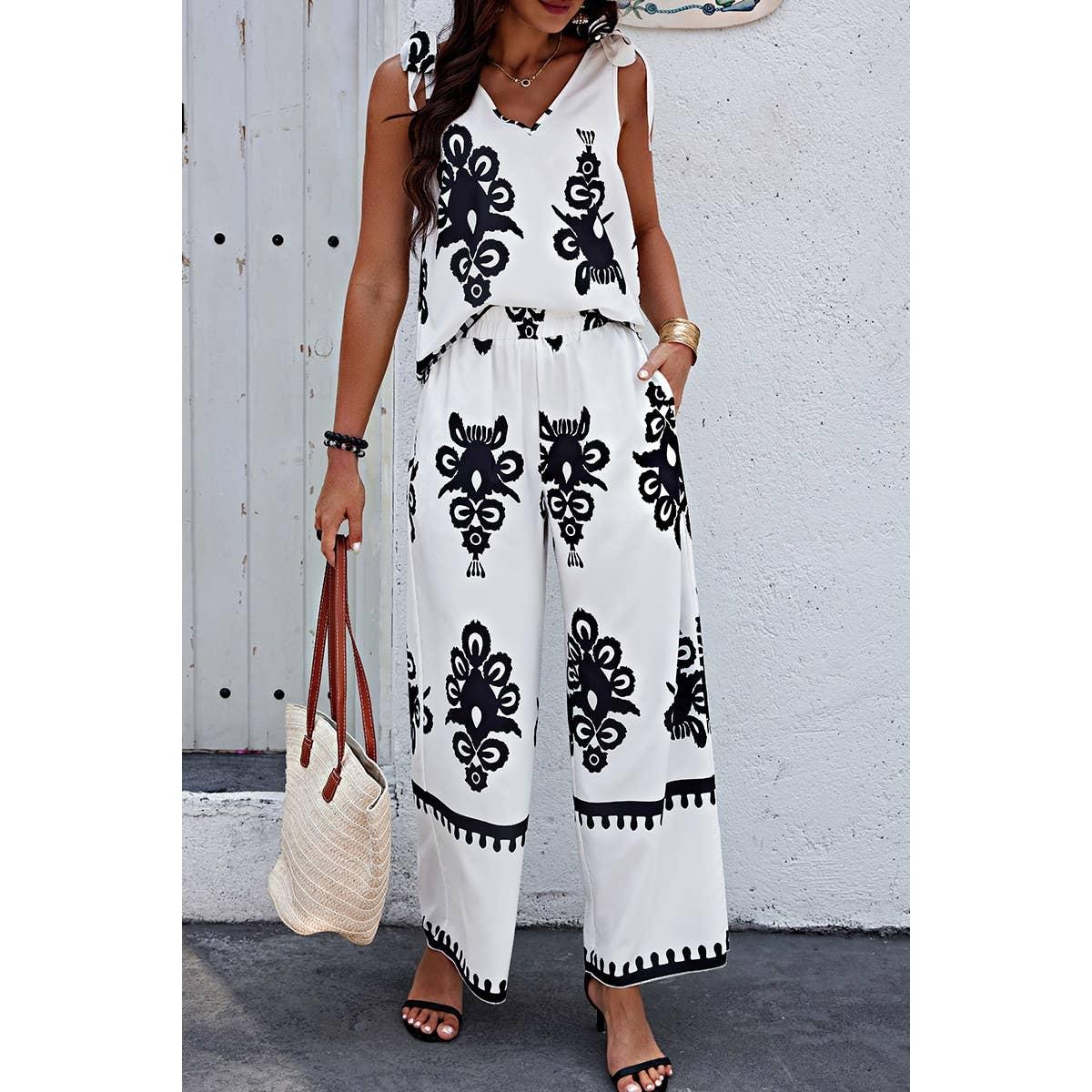 Floral Knot Shoulder Sleeveless Elastic Waist Sets Product Image