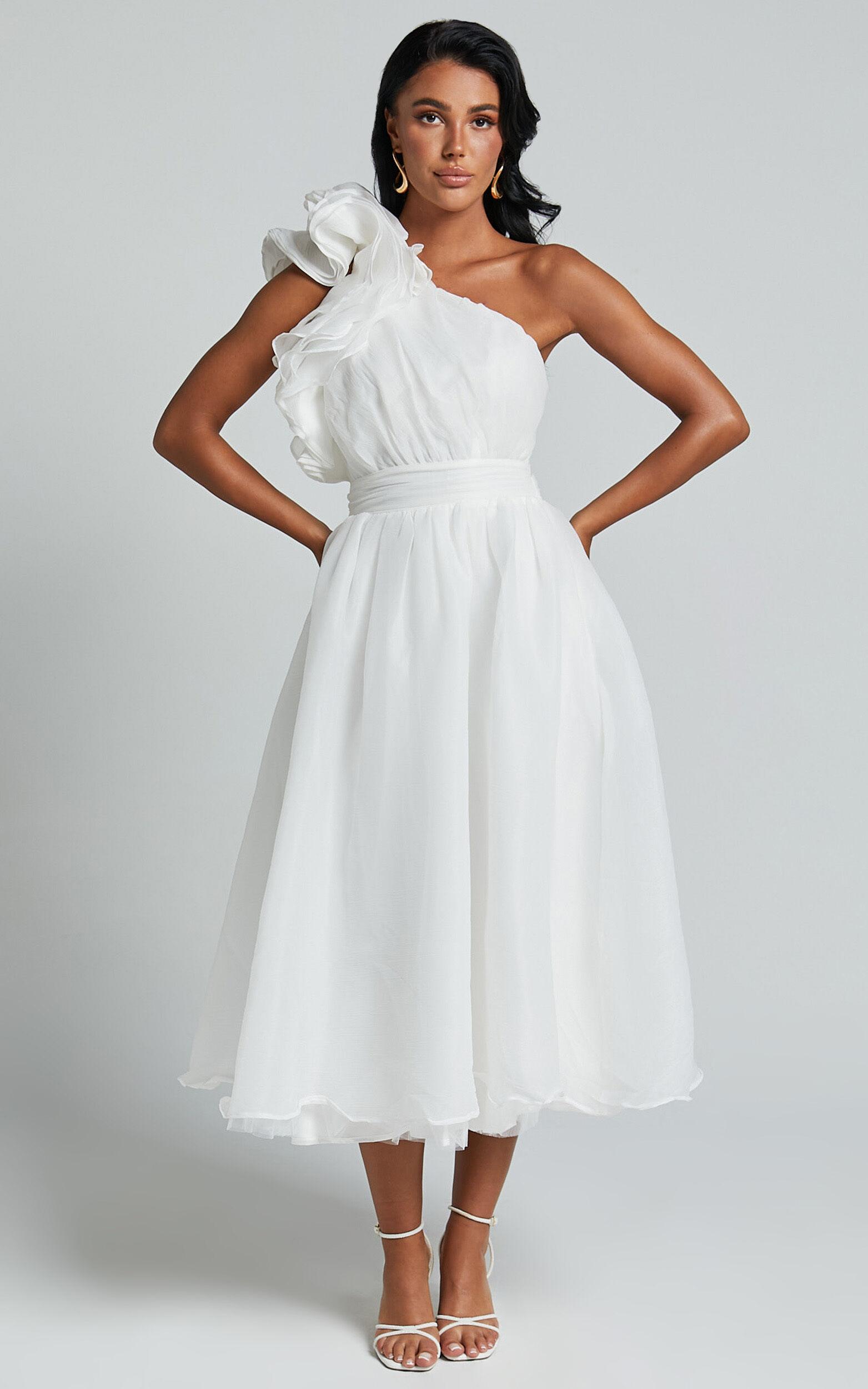 Tia Midi Dress - One Shoulder Frill Detail Fit & Flare Dress in White Product Image