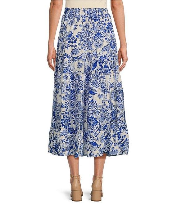 Calessa Antique Floral Print Embroidered Eyelet Hem Tiered Pull-On Skirt Product Image