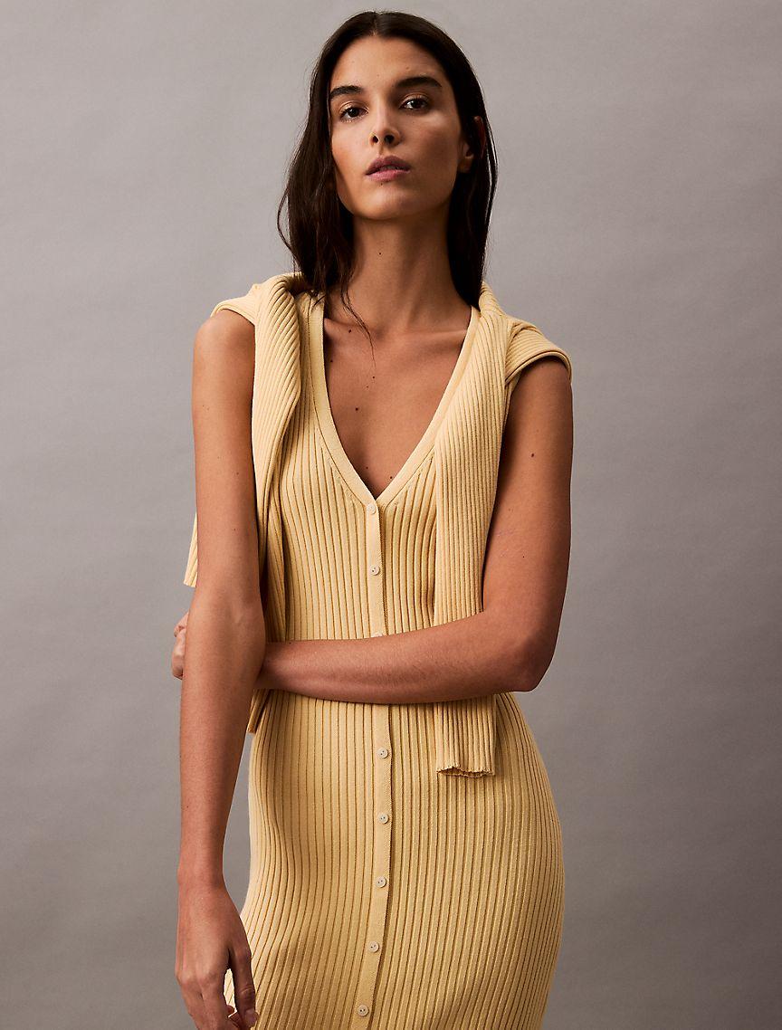 Smooth Cotton Rib Sweater Midi V-Neck Dress Product Image