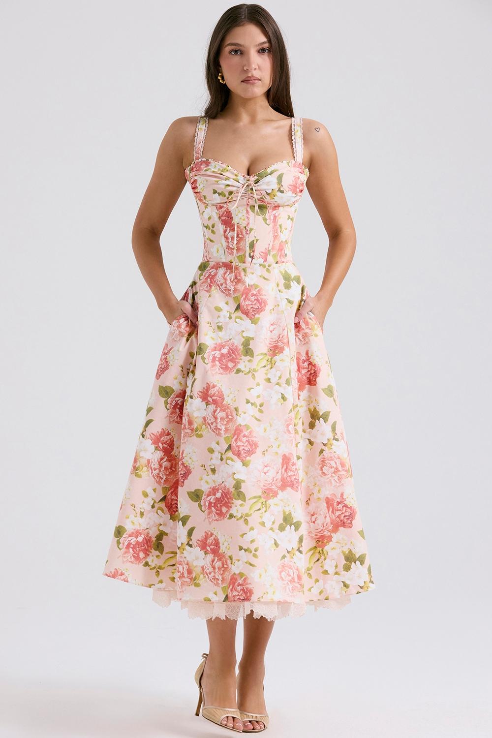 Rosalee  pink peony print cotton bustier sundress Product Image