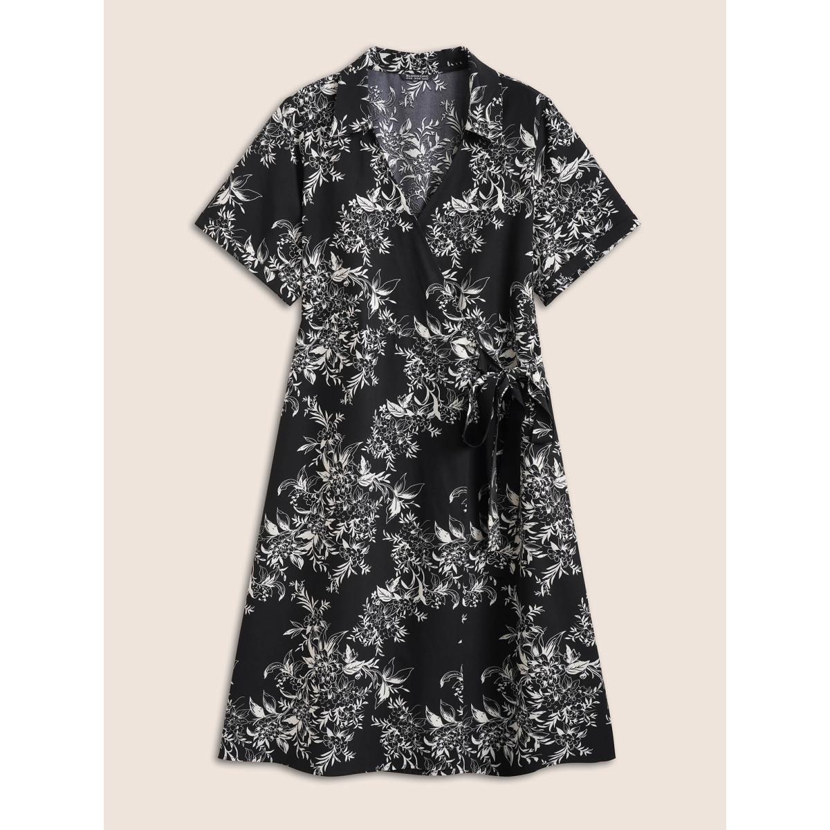 Plus Size Silhouette Floral Print Ties Lapel Collar Dress Black Women At the Office Non Lapel Collar Short sleeve Curvy Midi Dress BloomChic 10/M Product Image