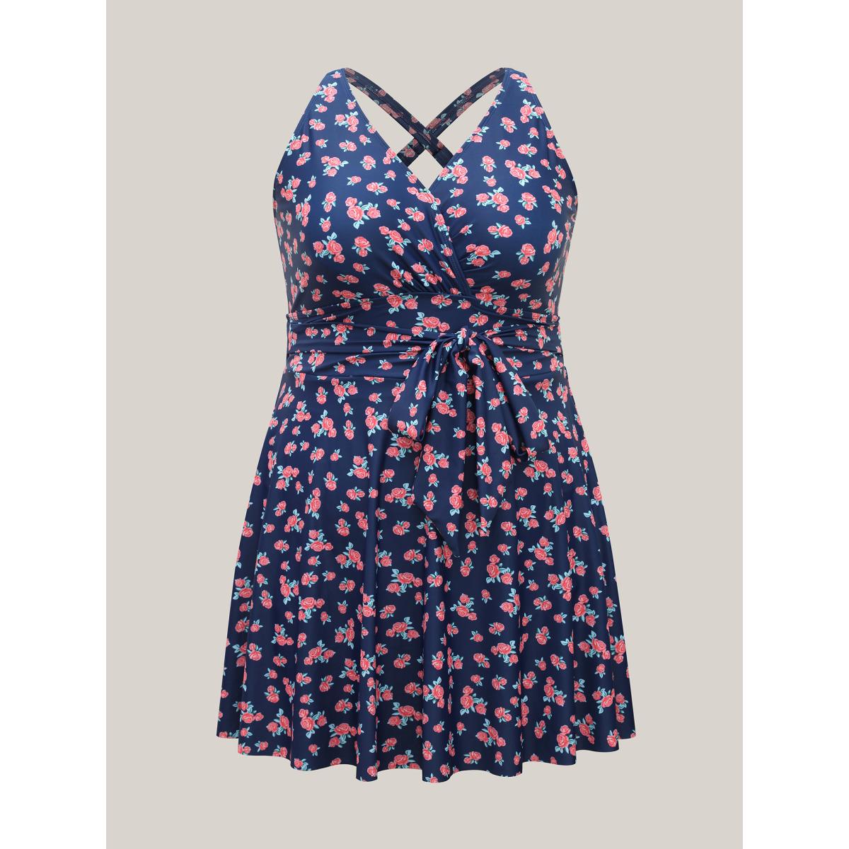 Plus Size Ditsy Floral Belted Swim Dress Women's Swimwear Indigo Resort Bodycon Overlap Collar High stretch Curve Swim Dresses BloomChic 30/6X Product Image