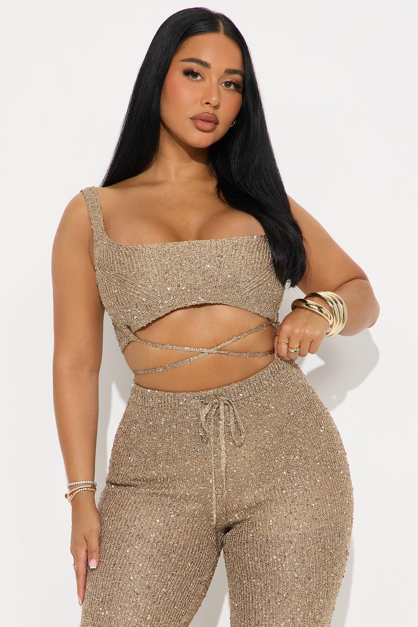 Spotlight On Me Crochet Pant Set - Gold Product Image