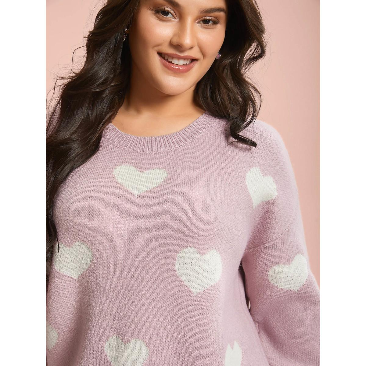 Plus Size Heart Jacquard Contrast Ribbed Hem Pullover Lightpink Women Casual Loose Long Sleeve Round Neck Everyday Pullovers BloomChic 10/M Product Image