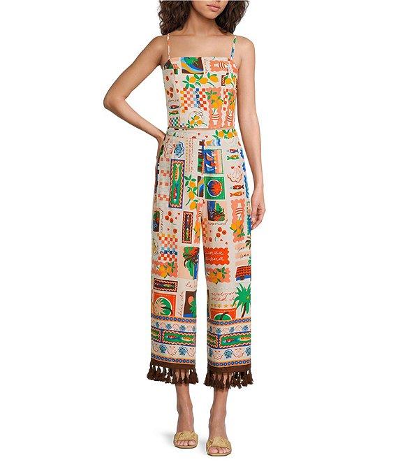 Sugarlips Coordinating Postcard Print Linen Blend Square Neck Sleeveless Top Product Image