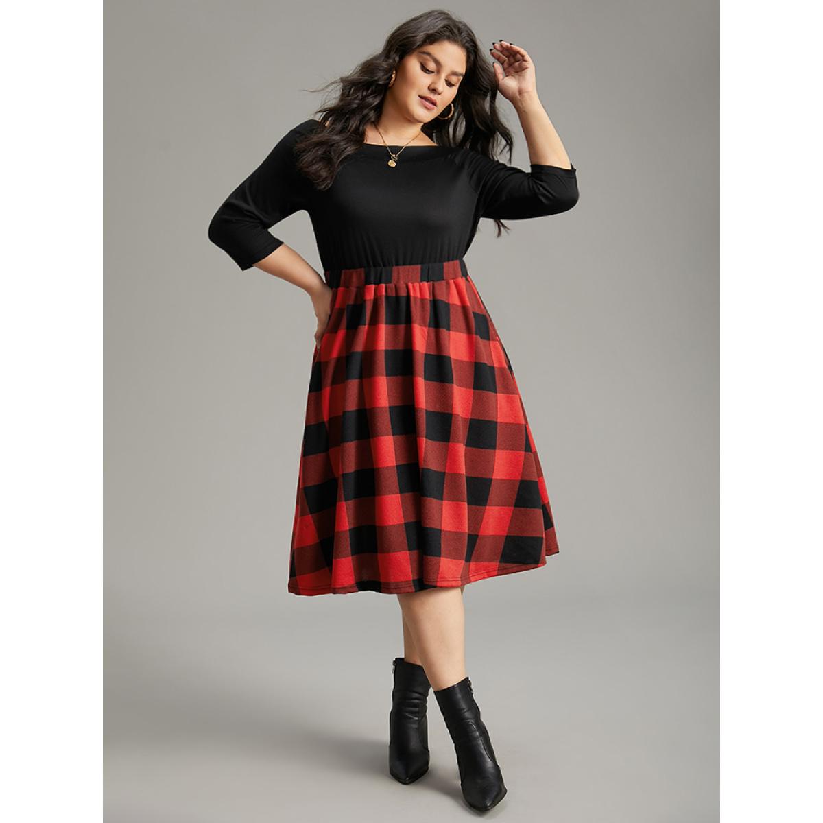 Plus Size Plaid Pocket Boat Neck Patchwork Dress Black Women Elegant Printed Boat Neck Elbow-length sleeve Curvy Midi Dress BloomChic 14-16/1X Product Image