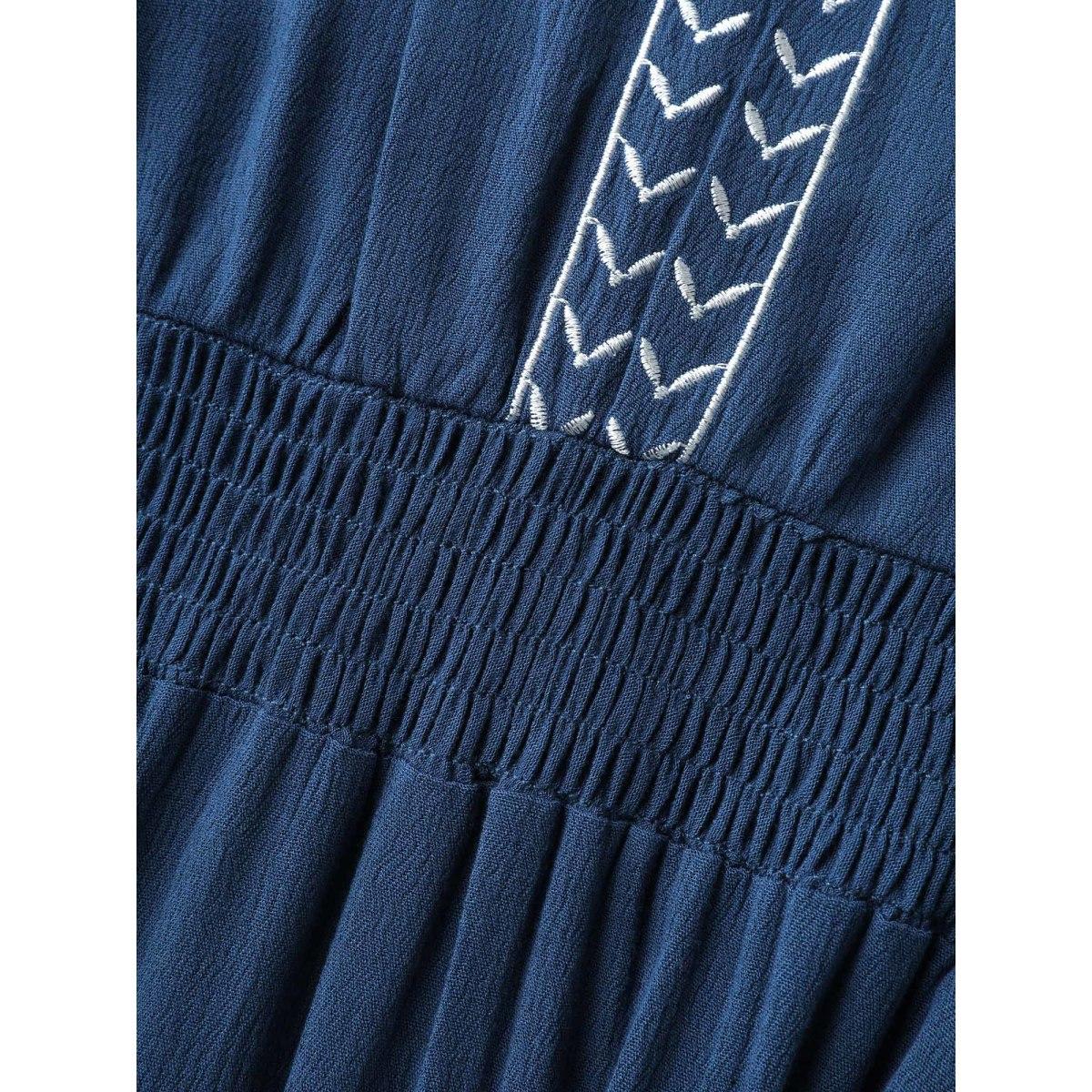 Plus Size Floral Embroidered Shirred Waist Midi Dress DarkBlue Women Boho Flat collar with V-notch Half Sleeve Curvy BloomChic 12/L Product Image