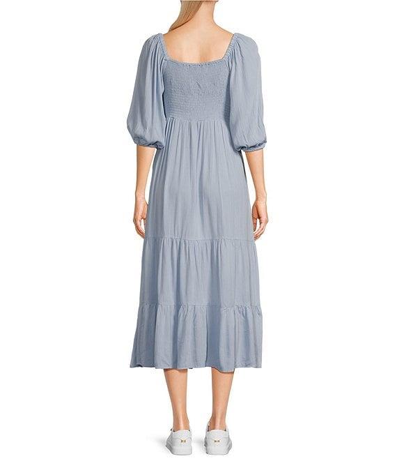 Angie Sweetheart Neck 3/4 Sleeve Smocked Bodice Midi Dress Product Image